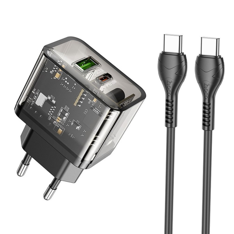 Phone charger Hoco USB A + USB C QC3.0 PD 3A 20W + cable USB C to USB C N34 transparnent