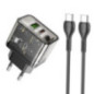 Phone charger Hoco USB A + USB C QC3.0 PD 3A 20W + cable USB C to USB C N34 transparnent
