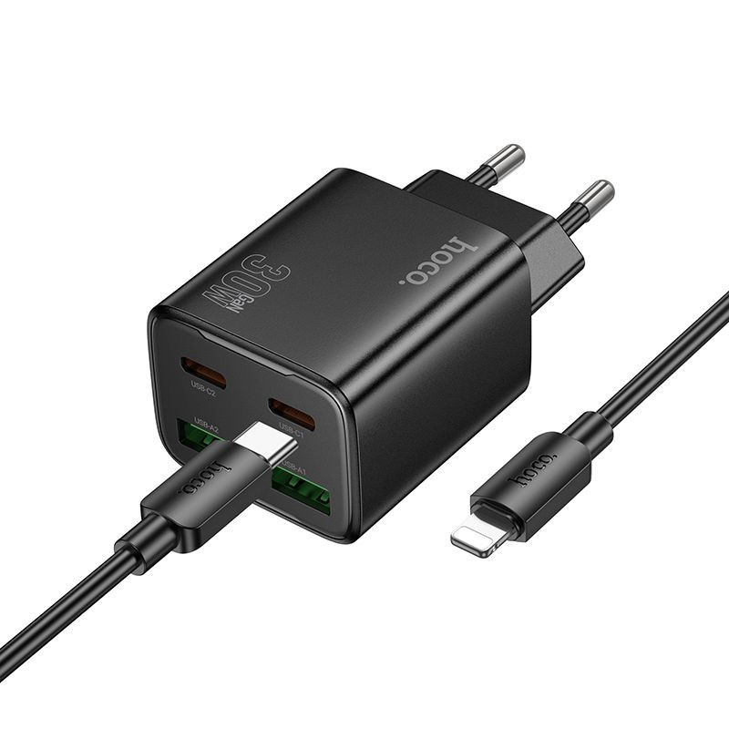 Phone charger Hoco 2 x USB C + 2 x USB A QC3.0 PD 3A 30W + cable USB C to Lightning N56 black