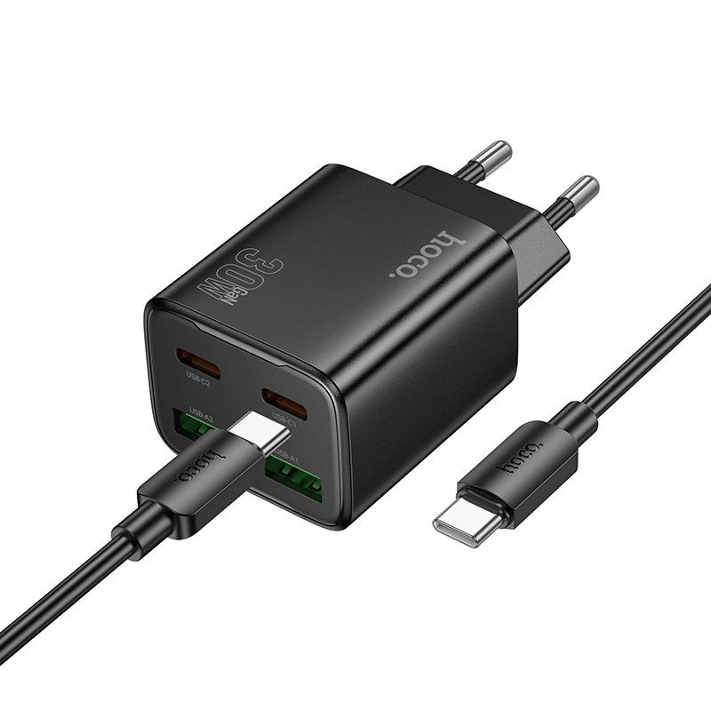 Phone charger Hoco 2 x USB C + 2 x USB A QC3.0 PD 3A 30W + cable USB C to USB C N56 black