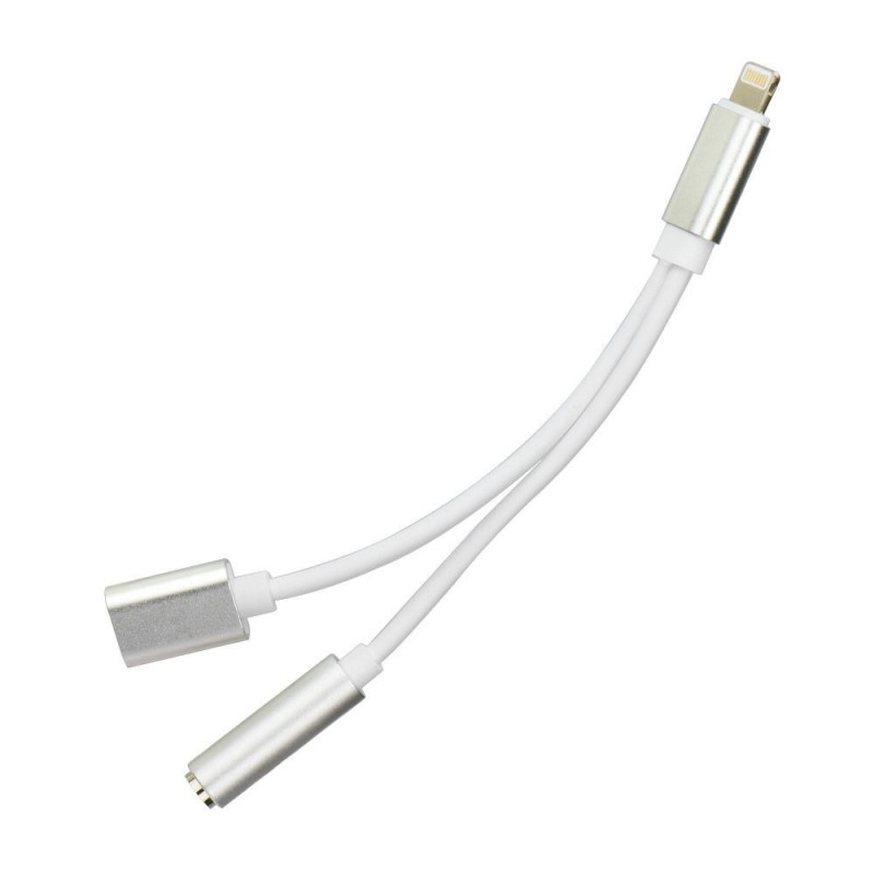 Adapter AUX 2in1 Lightning (male) to Lightning (female) / Jack 3,5 mm (female) silver
