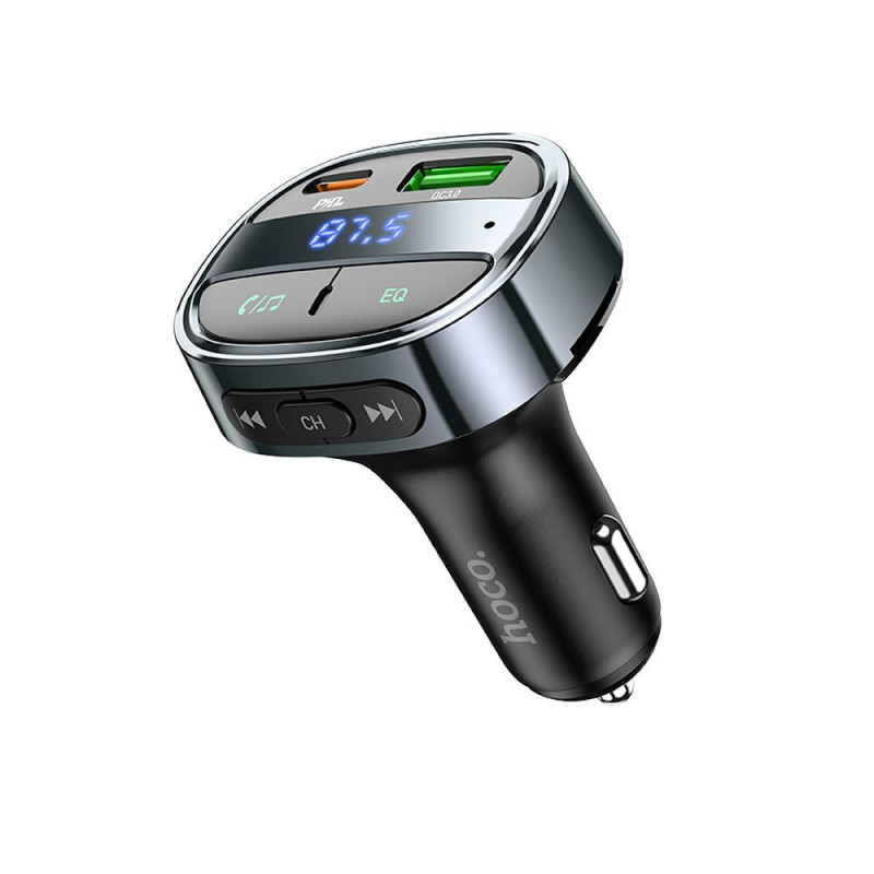 Car charger Hoco USB A + USB C PD QC3.0 5A 30W with digital display + transmitter FM BT E70 obsidian black