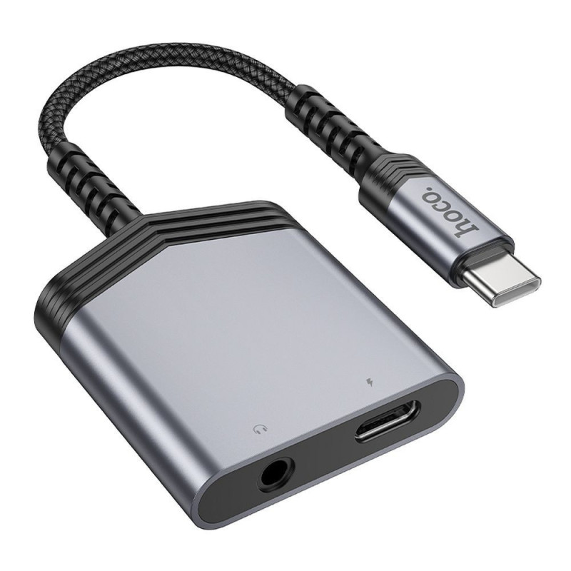 Adapter AUX 2w1 USB C to USB C / Jack 3,5 mm Hoco 27W LS39  metal gray