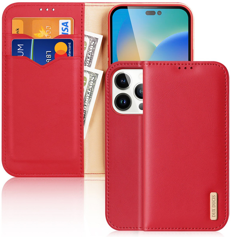 Dux Ducis Hivo Leather Flip Cover Genuine Leather Wallet for Cards and Documents red für Apple iPhone 14 Pro