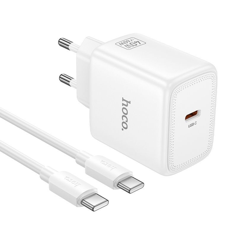 Phone GaN charger Hoco USB C PD AVS 40W max 60W with USB C to USB C cable N83 white