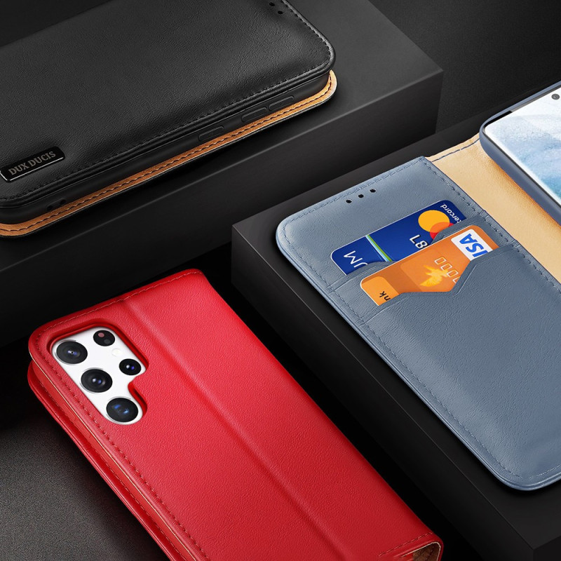 Dux Ducis Hivo Leather Flip Cover Genuine Leather Wallet For Cards And Documents für Samsung Galaxy S22 Ultra Black