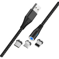 Kabel Nylon 100cm 2A USB-A auf USB-C + Lightning + microUSB MAGNETIC CONNECTOR