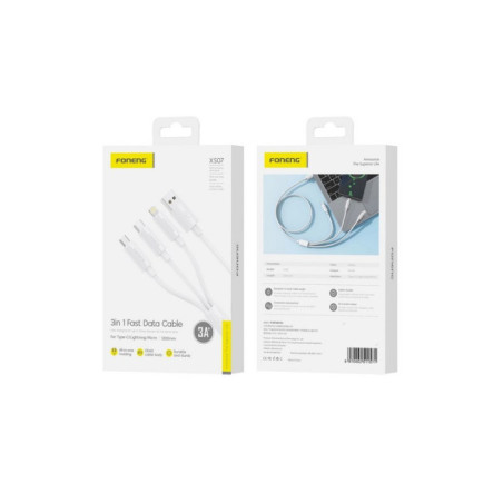 3in1-Kabel FONENG XS07: USB-A auf microUSB + LIGHTNING + USB-C (1,2 m / 3A / white)