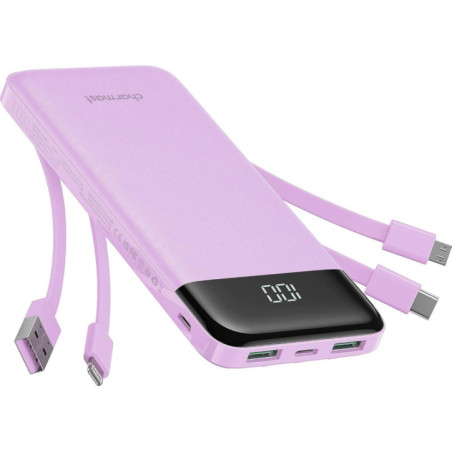 Powerbank 5V 3A 10000 mAh with built-in cables USB A / USB C / Lightning / Micro USB Charmast W1148 purple