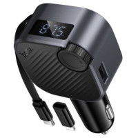 Car charger Hoco QC3.0 PD 45W with retractable cable and FM transmitter E167 black
