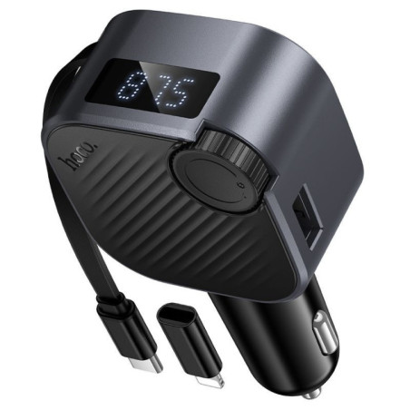 Car charger Hoco QC3.0 PD 45W with retractable cable and FM transmitter E167 black