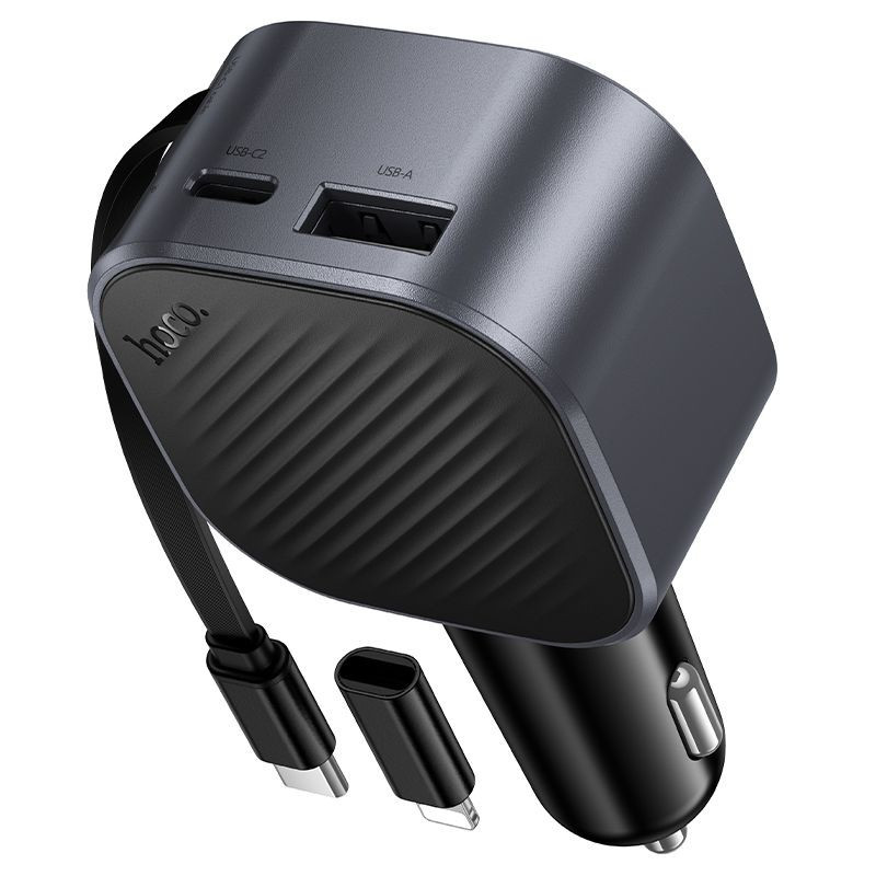Car charger Hoco USB A + USB C PD QC3.0 45W with retractable cable USB C Z68 black Car charger Hoco USB A + USB C PD QC3.0 45W with retractable cable USB C Z68 black