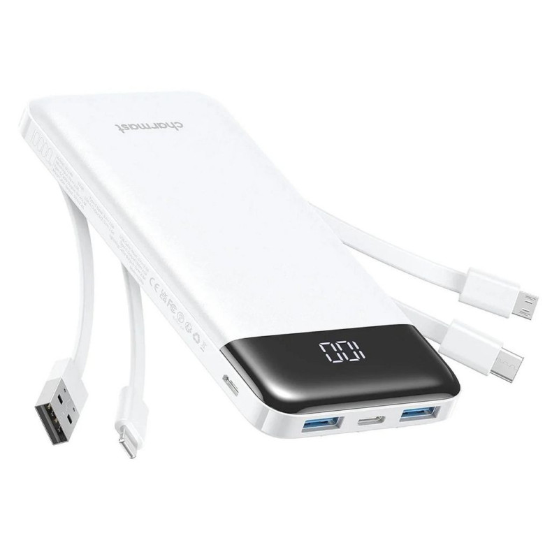Powerbank Charmast W1148 5V 3A 10000 mAh with built-in cables USB A / USB C / Lightning / Micro USB White Powerbank Charmast W1148 5V 3A 10000 mAh with built-in cables USB A / USB C / Lightning / Micro USB White