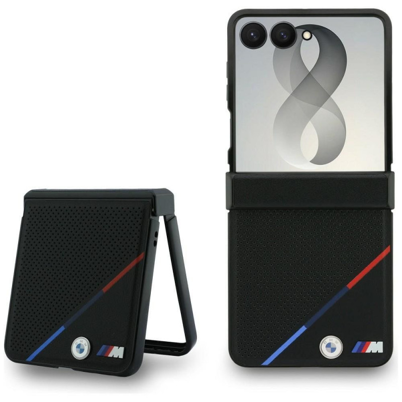 BMW case for SAMSUNG GALAXY Z FLIP 8 compatibile with MagSafe (Leather Perforated Tricolor Stripe Metal Logos) black