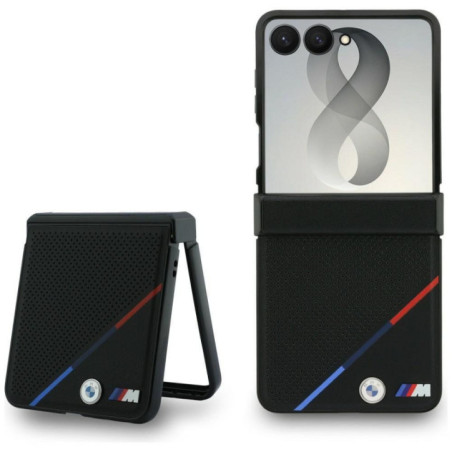BMW case for SAMSUNG GALAXY Z FLIP 8 compatibile with MagSafe (Leather Perforated Tricolor Stripe Metal Logos) black