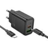 Phone charger Hoco USB A + USB C QC3.0 PD 3A 20W + cable USB C to USB C N61 black