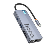 Adapter HUB 8w1 (HDTV+RJ45+SD/TF+PD+Type-C 3.0+USB 3.0 x 2) USB-C Hoco HB52 grey