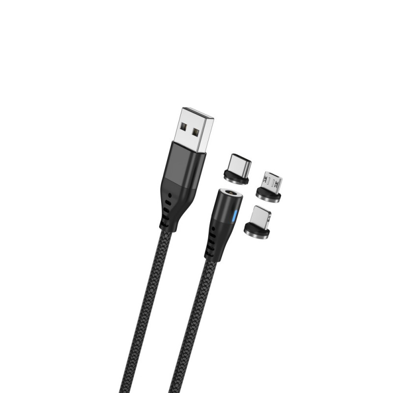 Kabel Nylon 100cm 2A USB-A auf USB-C + Lightning + microUSB MAGNETIC CONNECTOR