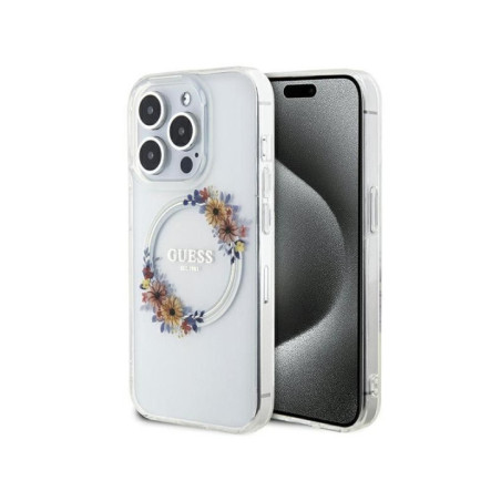 GUESS case for IPHONE 15 Pro Max compatible with MagSafe GUHMP15XHFWFCT (Flowers Wreath) transparent
