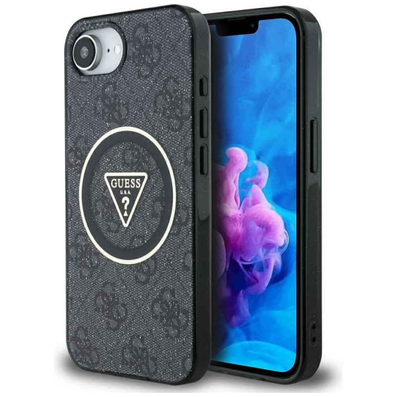 GUESS case for IPHONE 16e (SE 4 2025) compatible with MagSafe GUHMPSE4HG4PRTGK (IML Metal Glitter 4G Circle Triangle) black