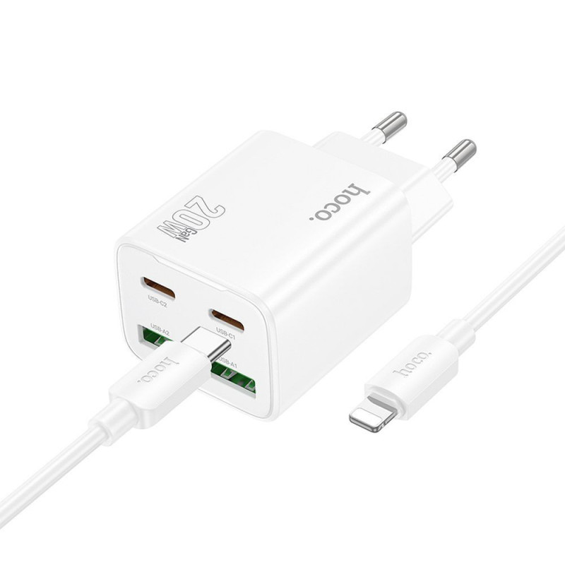 Phone charger Hoco 2 x USB C + 2 x USB A QC3.0 PD 3A 20W + cable USB C to Lightning N55 white Phone charger Hoco 2 x USB C + 2 x USB A QC3.0 PD 3A 20W + cable USB C to Lightning N55 white