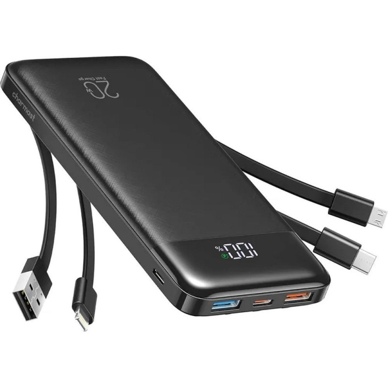 Powerbank Charmast W1148 5V 3A 10000 mAh with built-in cables USB A / USB C / Lightning / Micro USB black