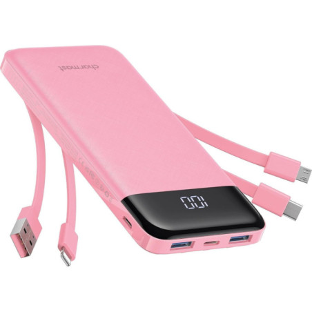 Powerbank 5V 3A 10000 mAh with built-in cables USB A / USB C / Lightning / Micro USB Charmast W1148 pink
