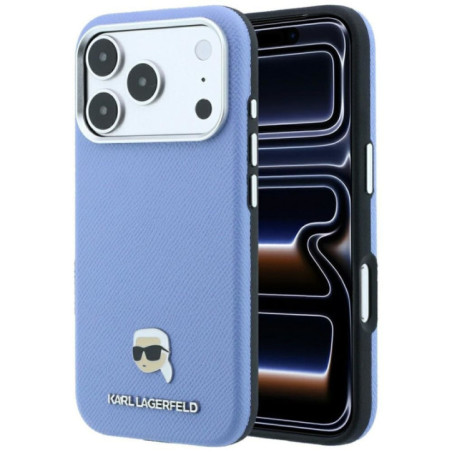 KARL LAGERFELD case for IPHONE 18 Pro Max/ 17 Pro Max compatible with MagSafe (Grained Karl Head Metal) light blue