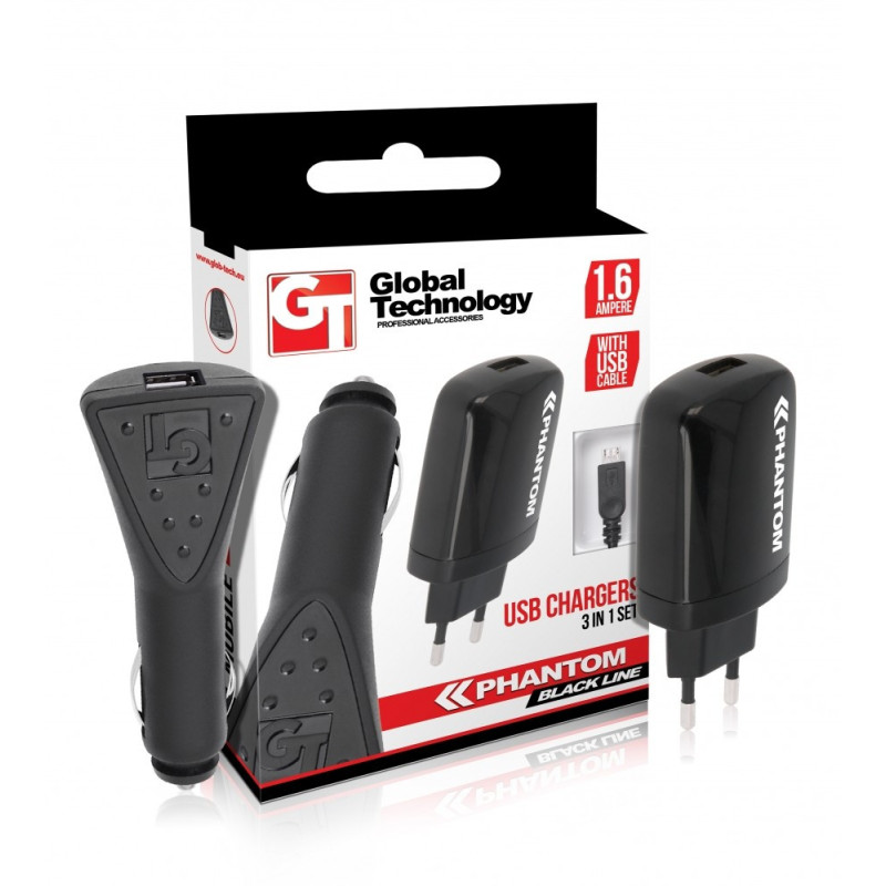 Ladegerät inkl. Datenkabel schwarz microUSB GT PHANTOM (1,6 Ah) + KFZ-ADAPTER GRATIS