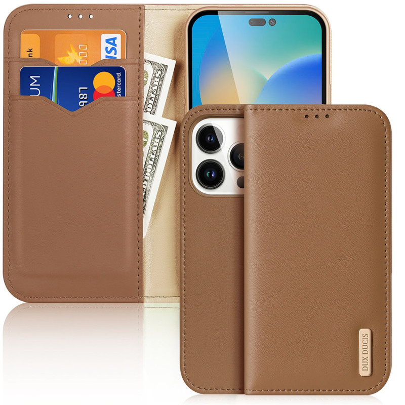 Dux Ducis Hivo Leather Flip Cover Genuine Leather Wallet for Cards and Documents brown für Apple iPhone 15 Pro