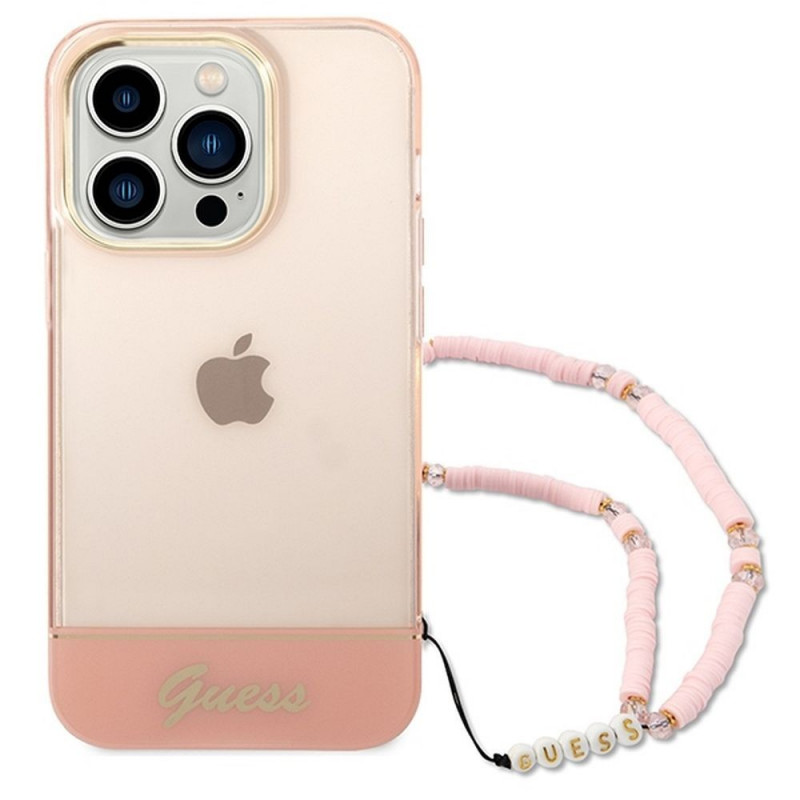 GUESS case for IPHONE 14 Pro GUHCP14LHGCOHP (IML Electro Cam w. Strap Translucent) pink