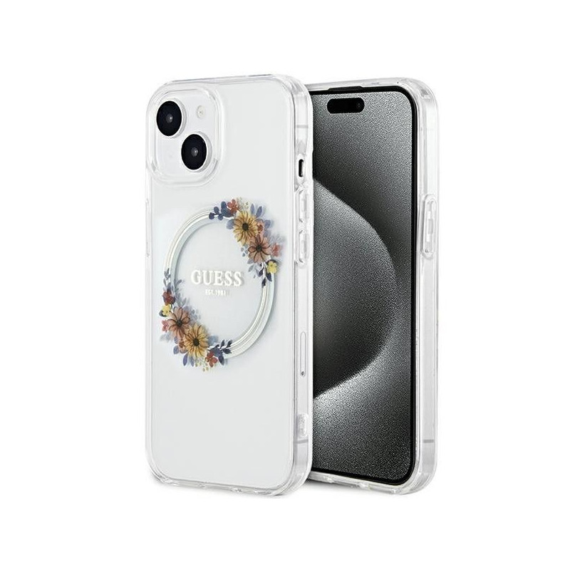 GUESS case for IPHONE 15 compatible with MagSafe GUHMP15SHFWFCT (Flowers Wreath) transparent