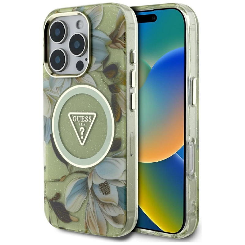 GUESS case for IPHONE 16 Pro compatible with MagSafe GUHMP16LHFLPEDN (IML Metal Glitter Flowers Triangle) green GUESS case for IPHONE 16 Pro compatible with MagSafe GUHMP16LHFLPEDN (IML Metal Glitter Flowers Triangle) green