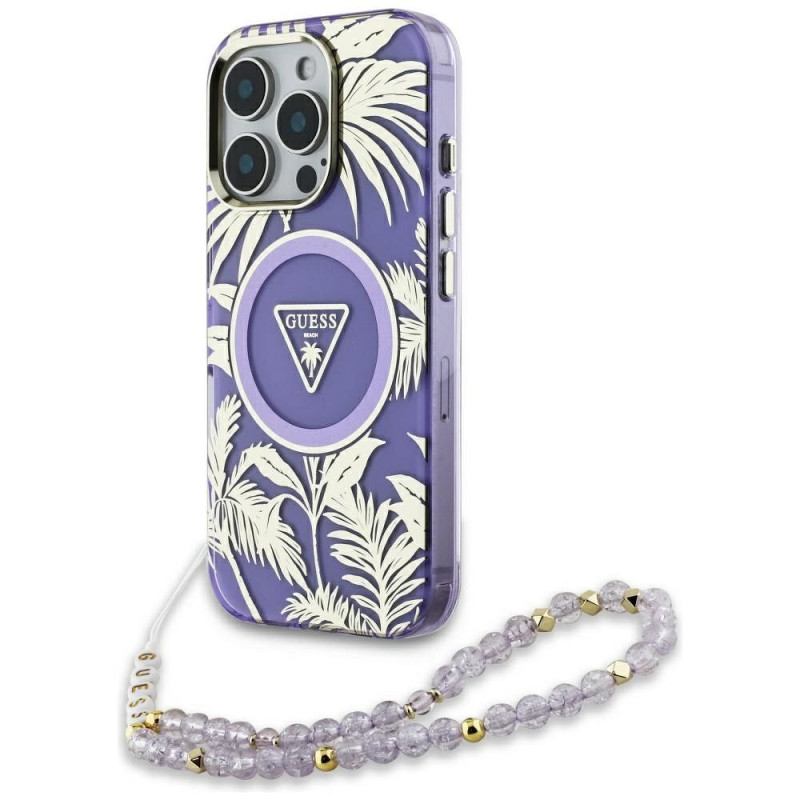 GUESS case for IPHONE 16 Pro compatible with MagSafe GUHMP16LHPCTPLSU (IML Palm Trees Triangle W/ Pearl Strap) purple GUESS case for IPHONE 16 Pro compatible with MagSafe GUHMP16LHPCTPLSU (IML Palm Trees Triangle W/ Pearl Strap) purple