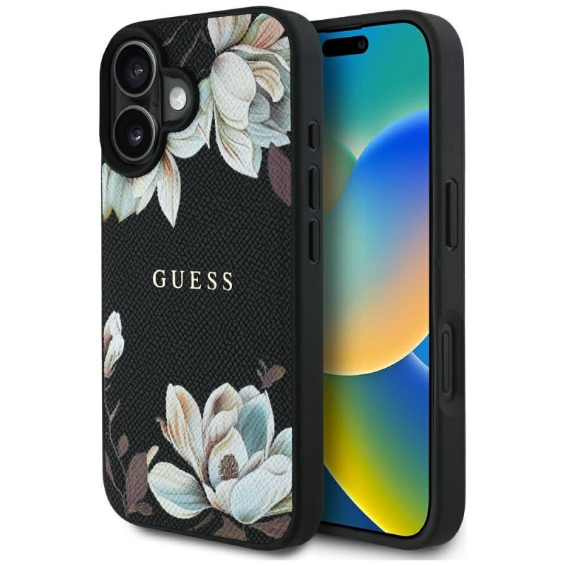GUESS case for IPHONE 16 compatible with MagSafe GUHMP16SPGNMPLMK (PU Grained Flowers Classic Logo) black GUESS case for IPHONE 16 compatible with MagSafe GUHMP16SPGNMPLMK (PU Grained Flowers Classic Logo) black
