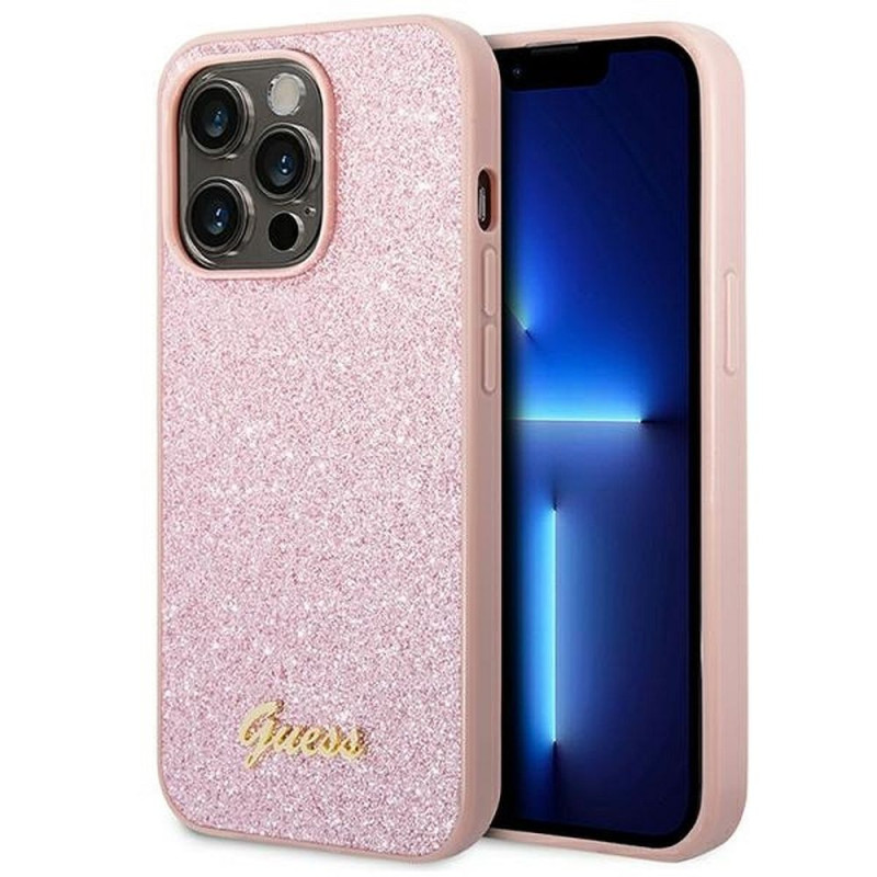GUESS case for IPHONE 14 Pro Max GUHCP14XHGGSHP (Glitter Flakes Script Metal Logo)  pink
