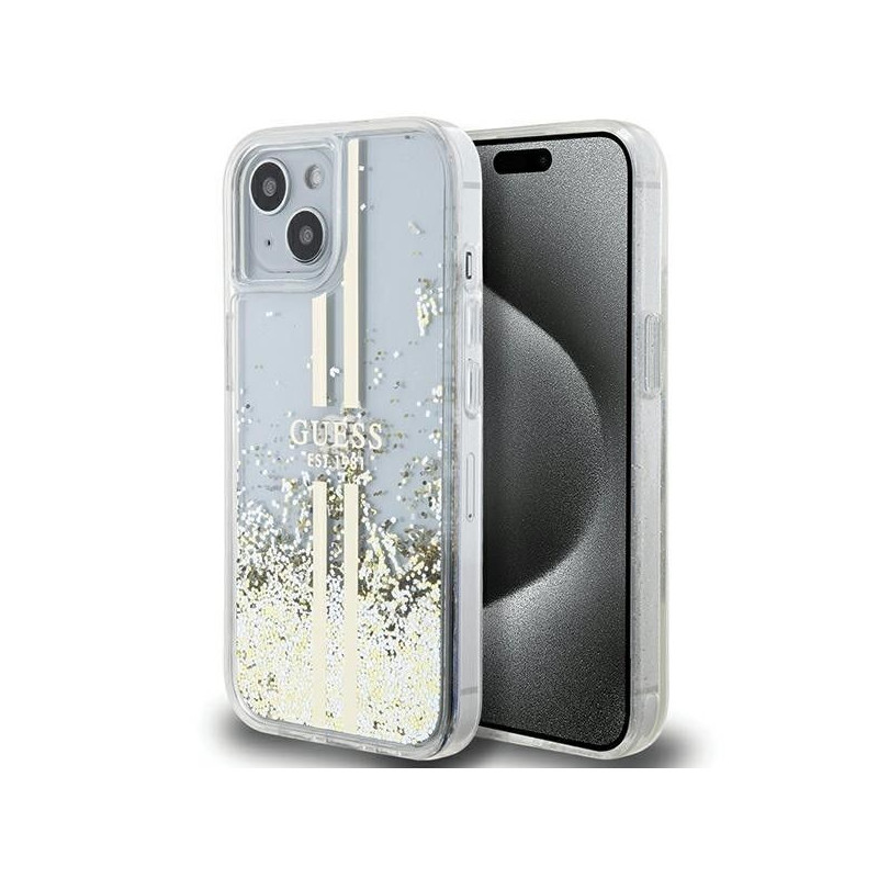 GUESS case for IPHONE 15 GUHCP15SLFCSEGT (Liquid Glitter Gold Stripes) transparent GUESS case for IPHONE 15 GUHCP15SLFCSEGT (Liquid Glitter Gold Stripes) transparent