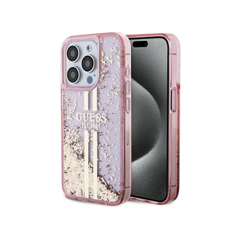 GUESS case for IPHONE 15 Pro GUHCP15LLFCSEGP (Liquid Glitter Gold Stripes) pink