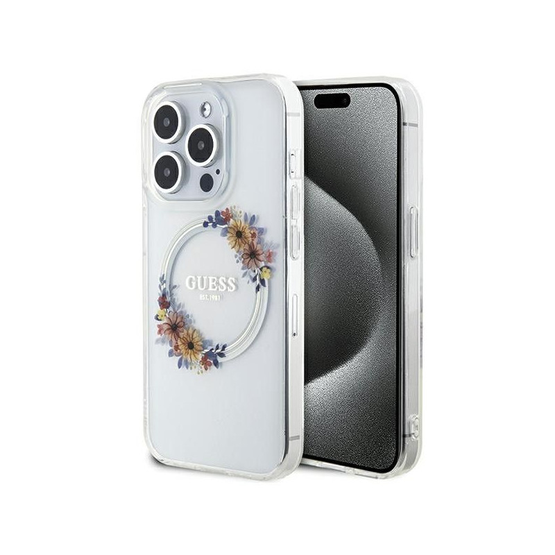 GUESS case for IPHONE 15 Pro Max compatible with MagSafe GUHMP15XHFWFCT (Flowers Wreath) transparent GUESS case for IPHONE 15 Pro Max compatible with MagSafe GUHMP15XHFWFCT (Flowers Wreath) transparent
