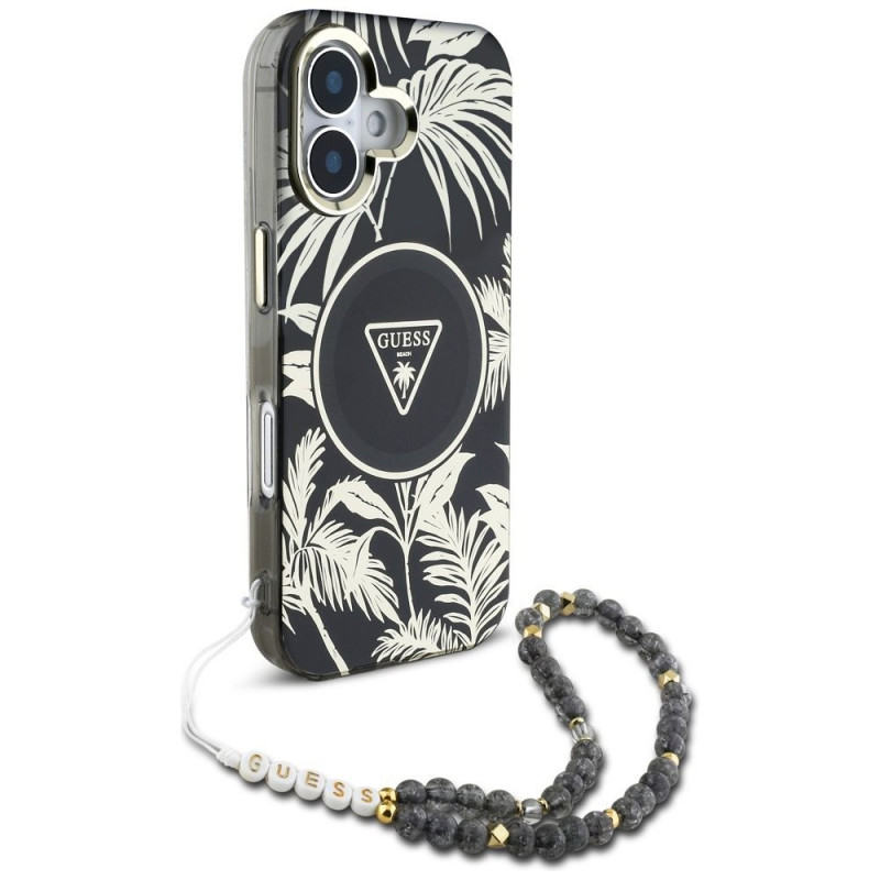 GUESS case for IPHONE 16 compatible with MagSafe GUHMP16SHPCTPLSK (IML Palm Trees Triangle W/ Pearl Strap) black GUESS case for IPHONE 16 compatible with MagSafe GUHMP16SHPCTPLSK (IML Palm Trees Triangle W/ Pearl Strap) black