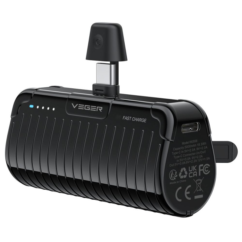 VEGER powerbank 5000 mAh with built-in connector Type C PlugOn PD QC3.0 3A 20W W0558 black