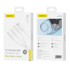 3in1-Kabel FONENG XS07: USB-A auf microUSB + LIGHTNING + USB-C (1,2 m / 3A / white)