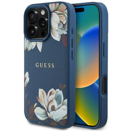 GUESS case for IPHONE 16 Pro Max compatible with MagSafe GUHMP16XPGNMPLMB (PU Grained Flowers Classic Logo) blue