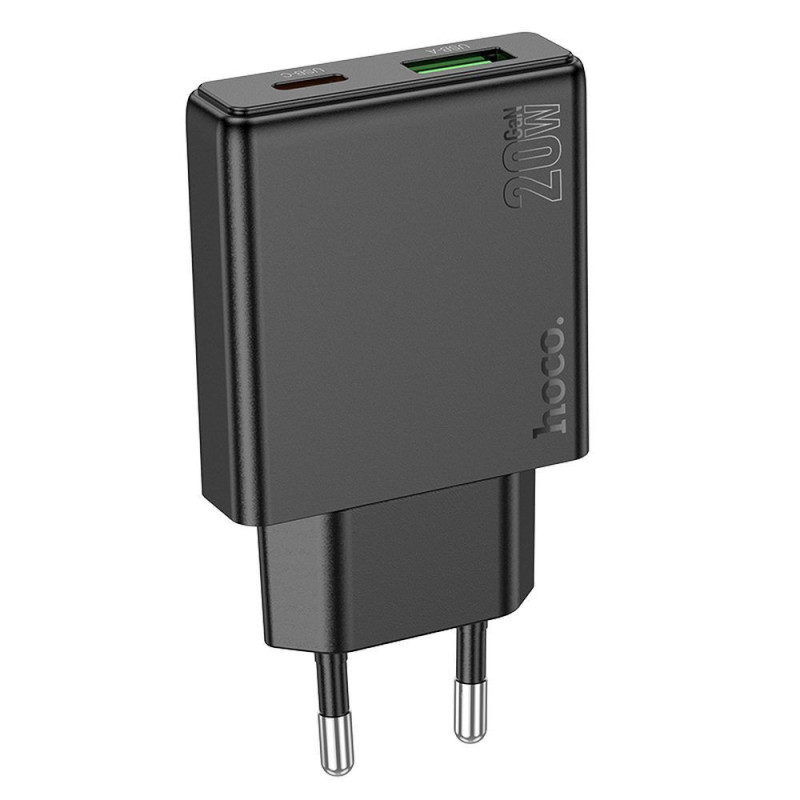 Phone charger Hoco Slim USB A + USB C QC3.0 PD 3A 20W N38 black Phone charger Hoco Slim USB A + USB C QC3.0 PD 3A 20W N38 black