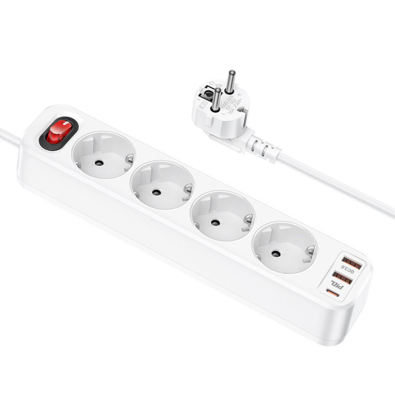 Power strip 1,8 m Hoco 4 sockets + 2 x USB A + USB C QC3.0 PD 3A 20W NS1 white Power strip 1,8 m Hoco 4 sockets + 2 x USB A + USB C QC3.0 PD 3A 20W NS1 white