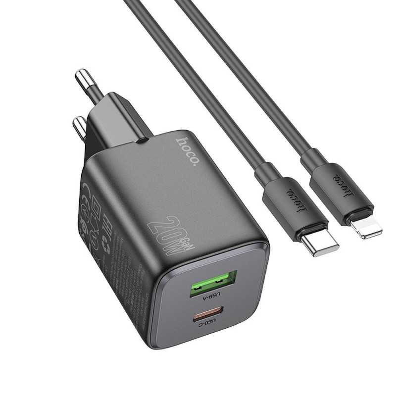 Phone charger USB A + USB C QC PD 3A 20W + cable USB C to Lightning N41 black Phone charger USB A + USB C QC PD 3A 20W + cable USB C to Lightning N41 black