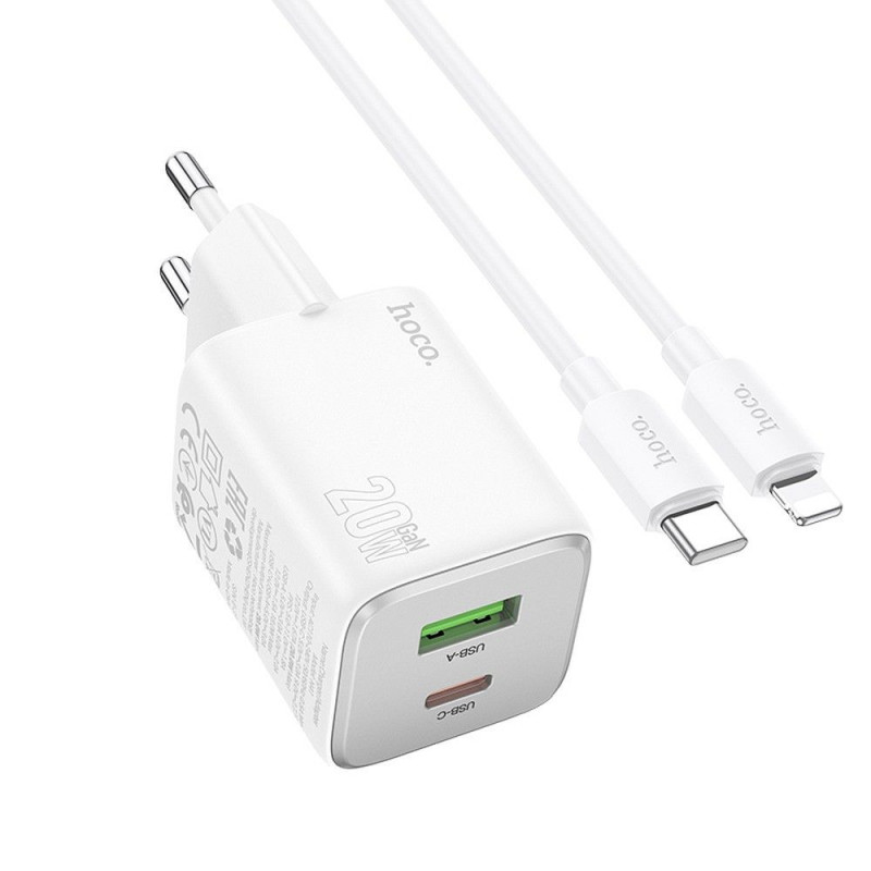 Phone charger USB A + USB C QC PD 3A 20W + cable USB C to Lightning N41 white Phone charger USB A + USB C QC PD 3A 20W + cable USB C to Lightning N41 white